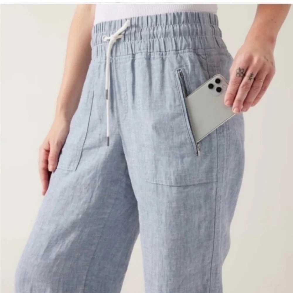 Athleta Cabo Linen Wide Leg Light Blue Pants Elastic Comfort - Picture 3 of 8